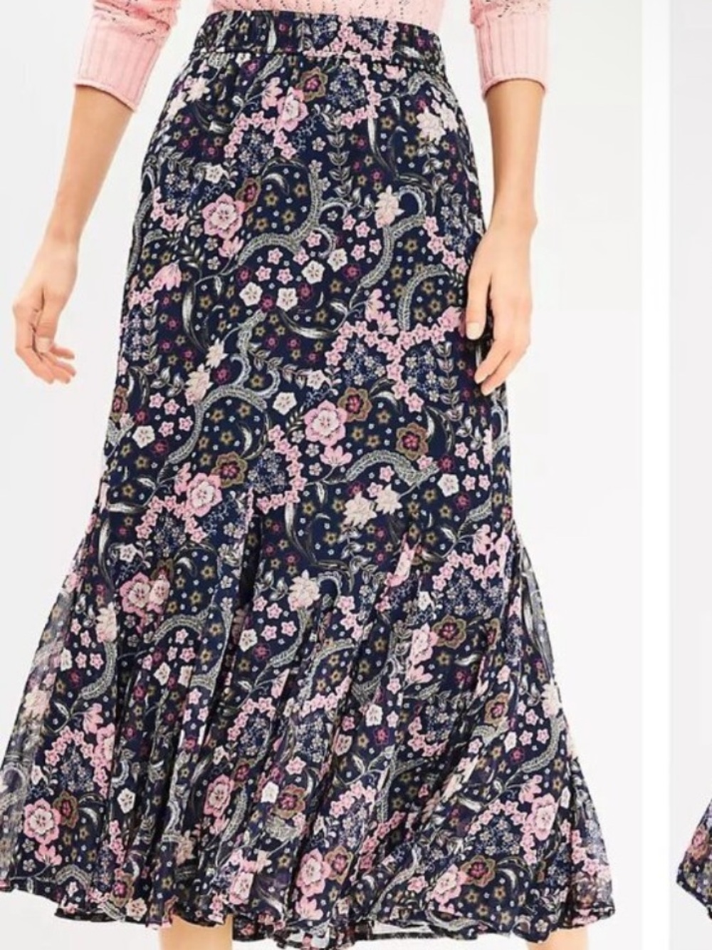 NWT Loft Navy Pink Floral Bloom Godet Midi Maxi Skirt